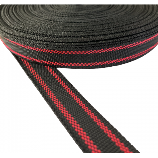 Trimming, webbing tape Synthetic Soft Black with Red Stripe 22 mm Thickness 0.7 mm