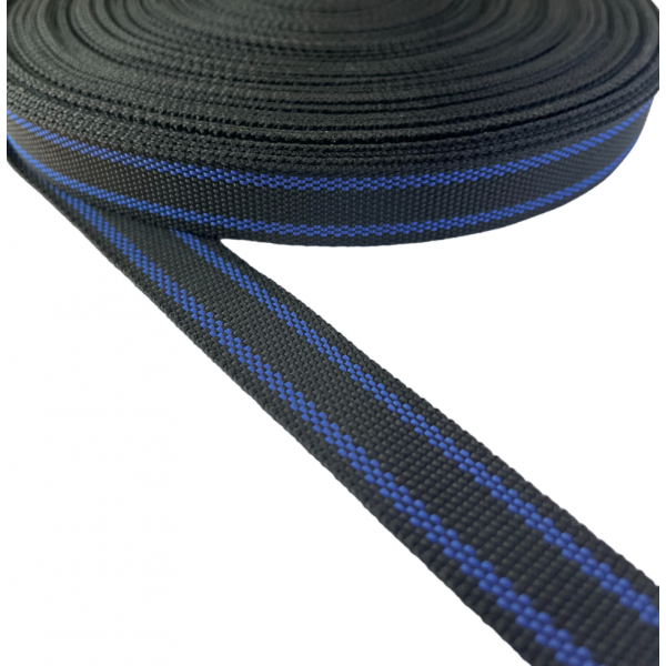 Trimming, webbing tape Synthetic Soft Black with Blue Stripe 22 mm Thickness 0.7 mm