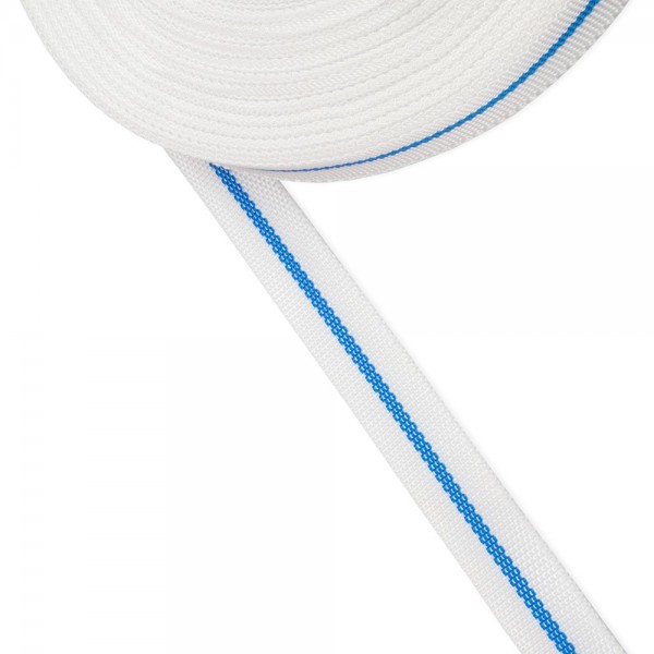 Trimming, webbing tape Synthetic Soft White with Blue Stripe 22mm Thickness 0.7 mm