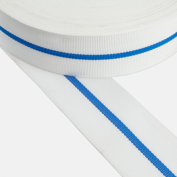 Trimming, webbing tape synthetic 50mm width in white color with blue stripe