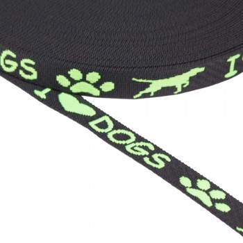 Leash Synthetic Soft Dog Guide Black with Green I Love Dogs 20 mm thickness 1.5